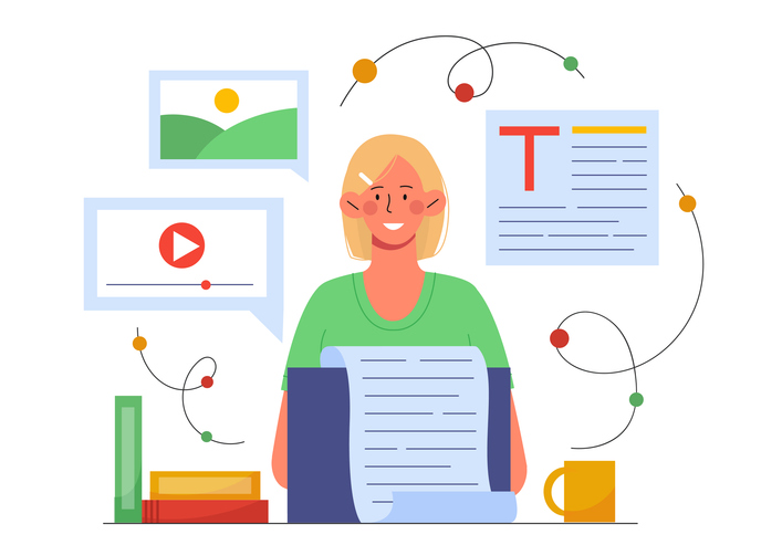 Woman with storytelling concept. Talented author creates interesting content for social networks and websites. Copywriter prints article for webpage. Cartoon flat vector illustration